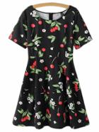 Romwe Black Zipper Back Cherry Print Skater Dress