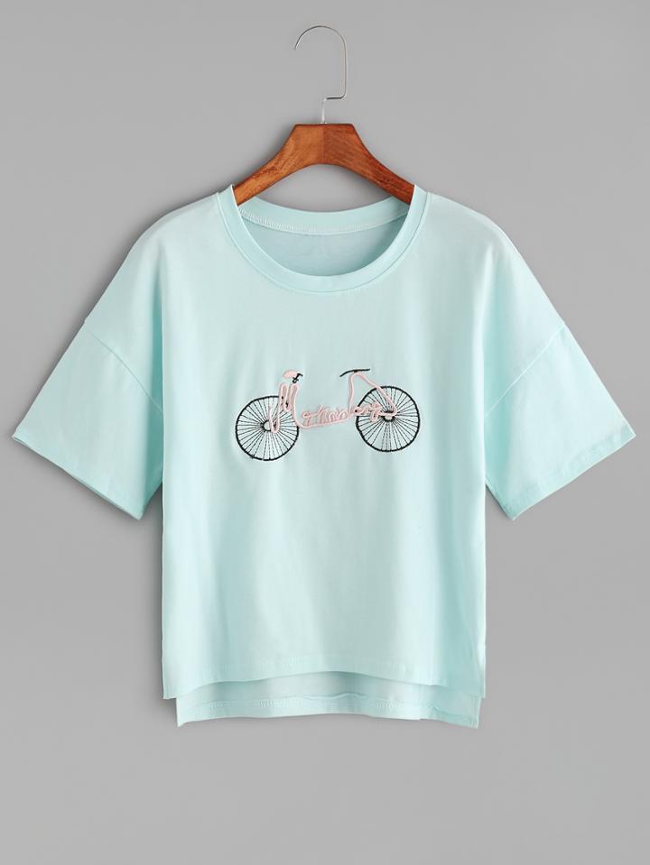 Romwe Pale Blue Drop Shoulder Dip Hem Bicycle Embroidery T-shirt