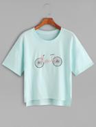 Romwe Pale Blue Drop Shoulder Dip Hem Bicycle Embroidery T-shirt