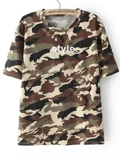 Romwe Letter Print Camouflage Army Green T-shirt
