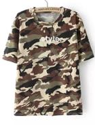 Romwe Letter Print Camouflage Army Green T-shirt