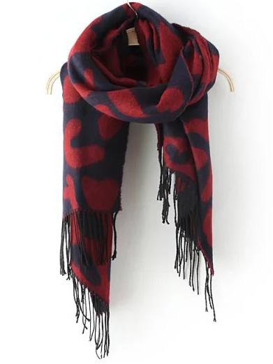 Romwe Cow Pattern Tassel Red Scarf