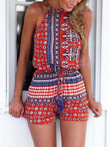 Romwe Halter Neck Open Back Random Print Romper - Red
