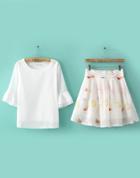 Romwe Ruffle Sleeve Chiffon Top With Cookie Print Skirt