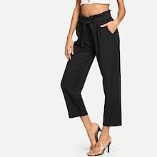 Romwe Solid Tie Waist Frill Trim Pants