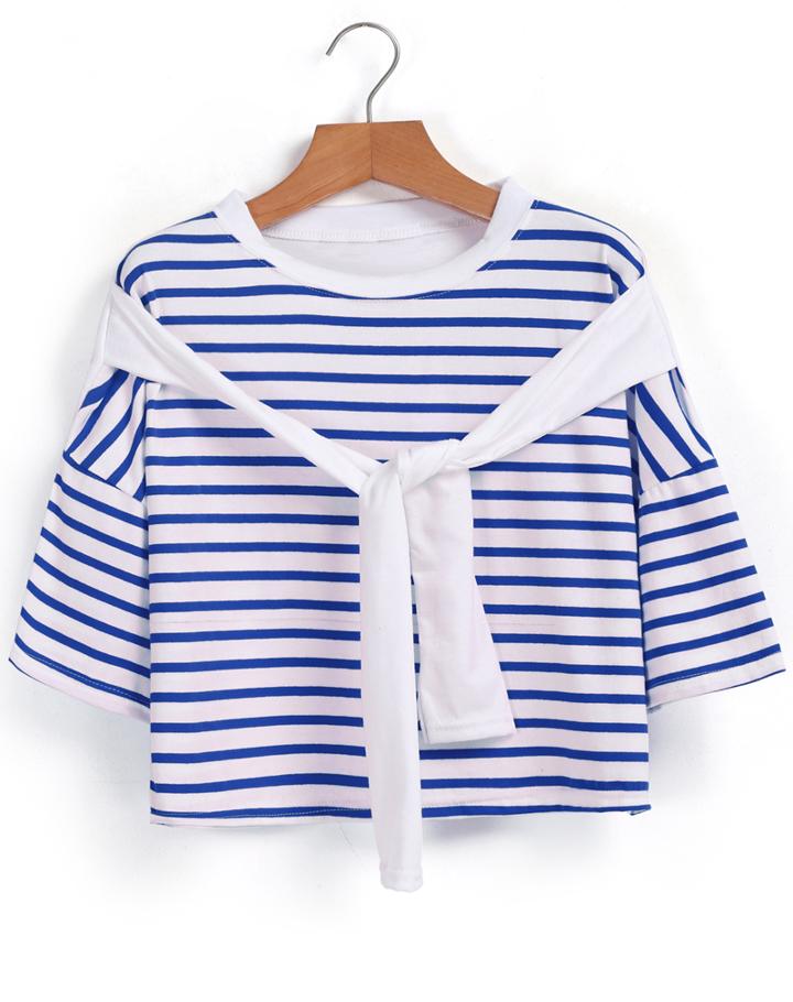 Romwe Striped Crop Blue T-shirt