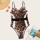 Romwe Leopard Net Panel Underwire One Piece Swimsuit