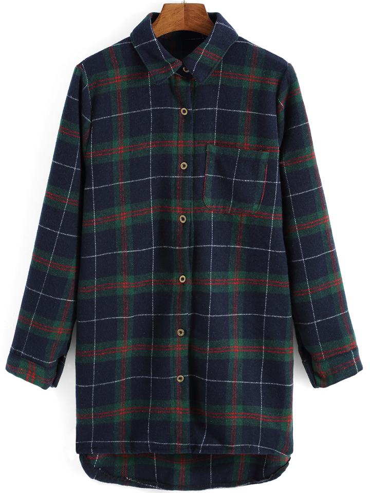 Romwe Lapel Plaid High Low Blouse