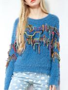 Romwe Long Sleeve Fuzzy Tassel Blue Sweater