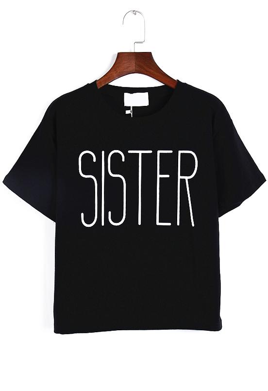 Romwe Letter Print Loose Black T-shirt