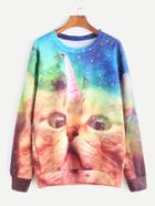 Romwe Colorful Cat And Galaxy Print Sweatshirt