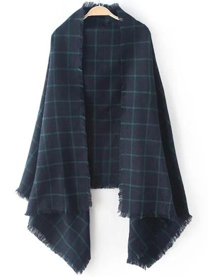 Romwe Women Plaid Fringe Dark Green Scarf