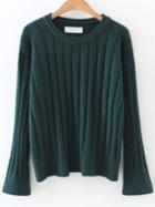Romwe Dark Green Ribbed Bell Sleeve Sweater