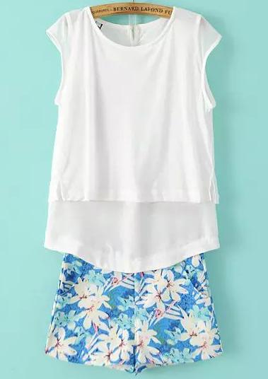 Romwe White Cap Sleeve Split Back Top With Floral Shorts