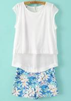 Romwe White Cap Sleeve Split Back Top With Floral Shorts