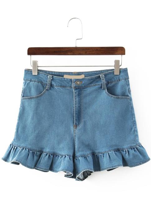 Romwe Peplum Hem Denim Light Blue Shorts