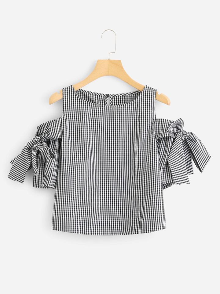 Romwe Open Shoulder Knot Detail Gingham Top