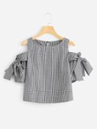 Romwe Open Shoulder Knot Detail Gingham Top