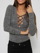 Romwe Lace-up Slim Knit Sweater