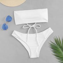 Romwe Lace-up Back Bandeau Bikini Set