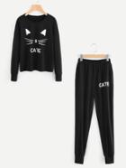 Romwe Cat Print Pullover & Sweatpants Set