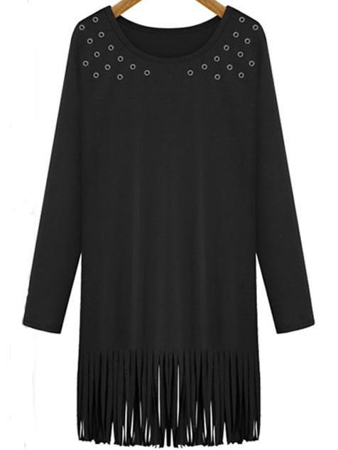 Romwe Long Sleeve Hollow Tassel Black Dress