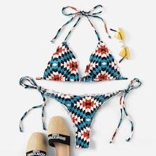 Romwe Random Geometric Lettuce Trim Top With High Leg Bikini