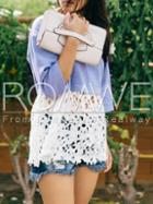 Romwe Blue Contrast White Lace Hollow T-shirt