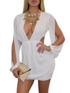Romwe Deep V-neck Slit Shoulder Cutout Chiffon Dress - White