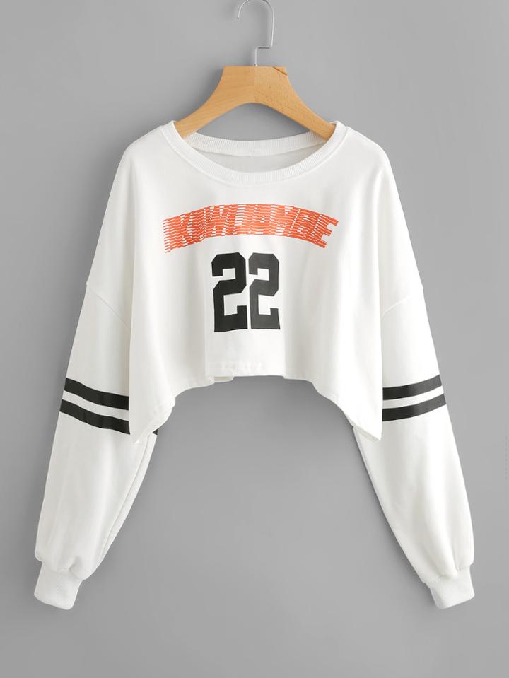 Romwe Varsity-striped Number Print Hanky Hem Sweatshirt