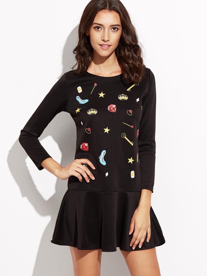 Romwe Black Printed Drop Waist Ruffle Dress