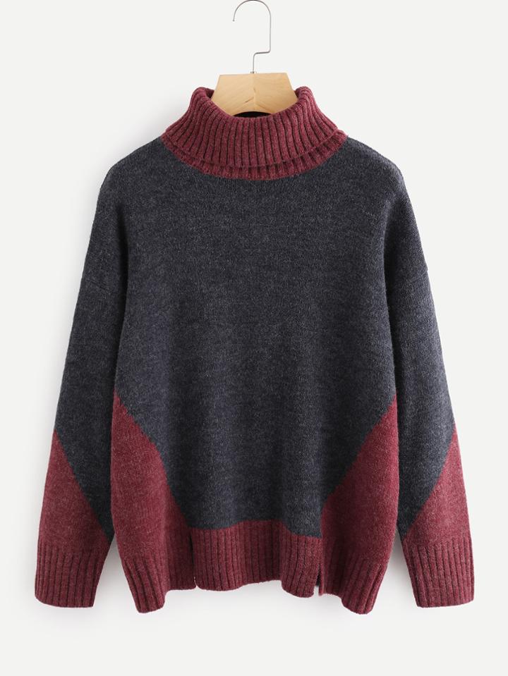 Romwe Color Block Turtleneck Sweater