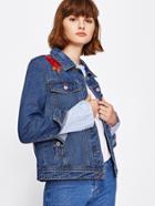 Romwe Pearl Beading 3d Flower Patch Denim Jacket