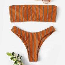 Romwe Striped Bandeau Top With Cheeky Bikini Set