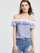 Romwe Blue Striped Eyelet Embroidered Ruffle Trim Off The Shoulder Top