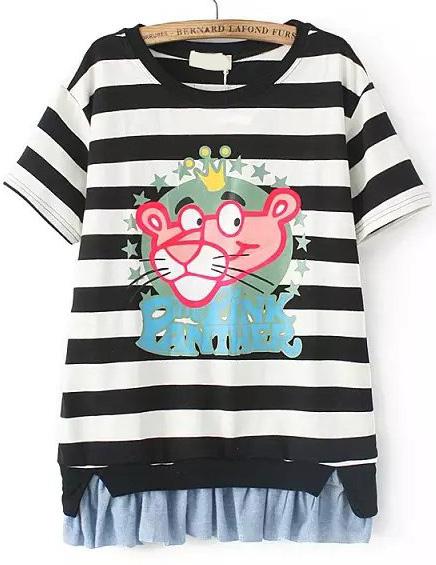 Romwe Contrast Hem Striped Lion Print Black T-shirt