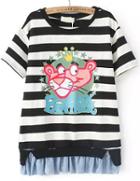 Romwe Contrast Hem Striped Lion Print Black T-shirt
