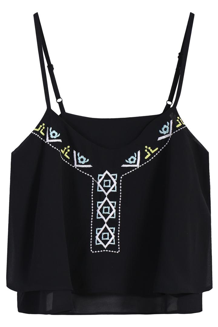 Romwe Spaghetti Strap Embroidered Crop Black Vest