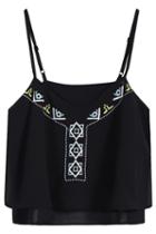 Romwe Spaghetti Strap Embroidered Crop Black Vest
