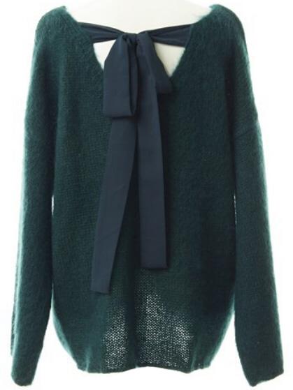 Romwe Round Neck Bow Loose Dark Green Sweater