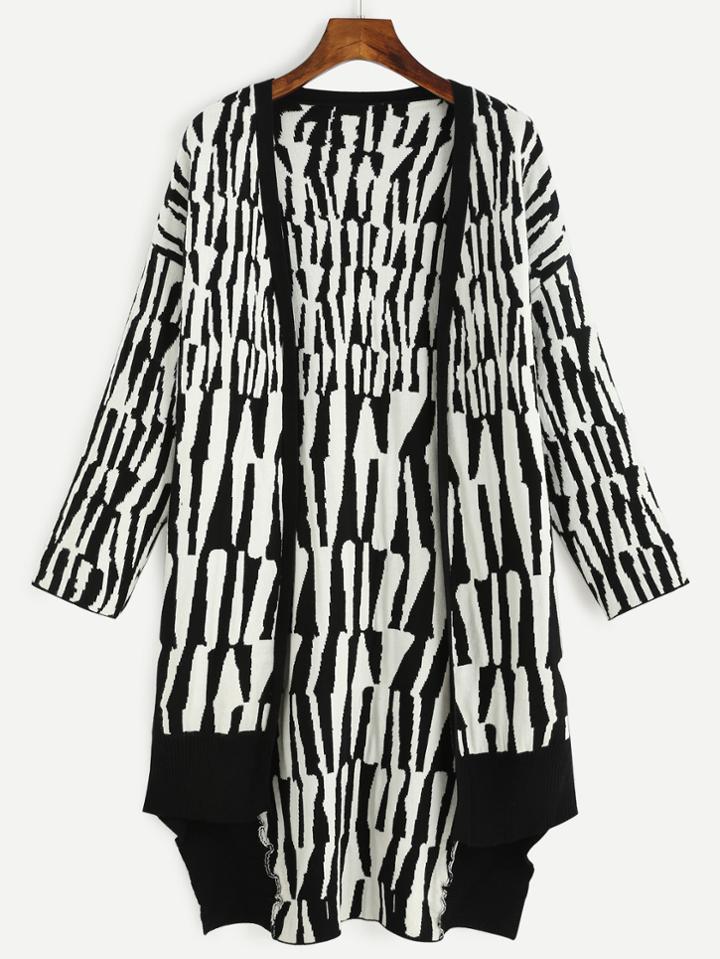Romwe Black And White Abstract Pattern Cardigan