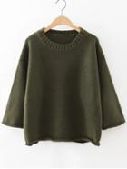 Romwe Army Green Round Neck Drop Shoulder Loose Sweater