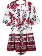 Romwe Multicolor Deep V Neck Zipper Back Tie-waist Bow Print Romper