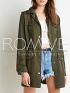 Romwe Army Green Long Sleeve Lapel Pockets Coat
