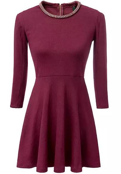 Romwe Chain Embellished Wine Red Dress