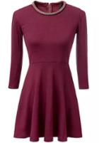 Romwe Chain Embellished Wine Red Dress