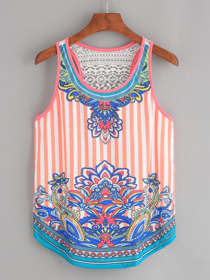 Romwe Vintage Print Lace Splicing Crochet Hollow Tank Top