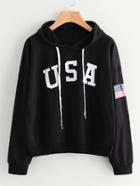 Romwe Flag Printed Drawstring Hoodie