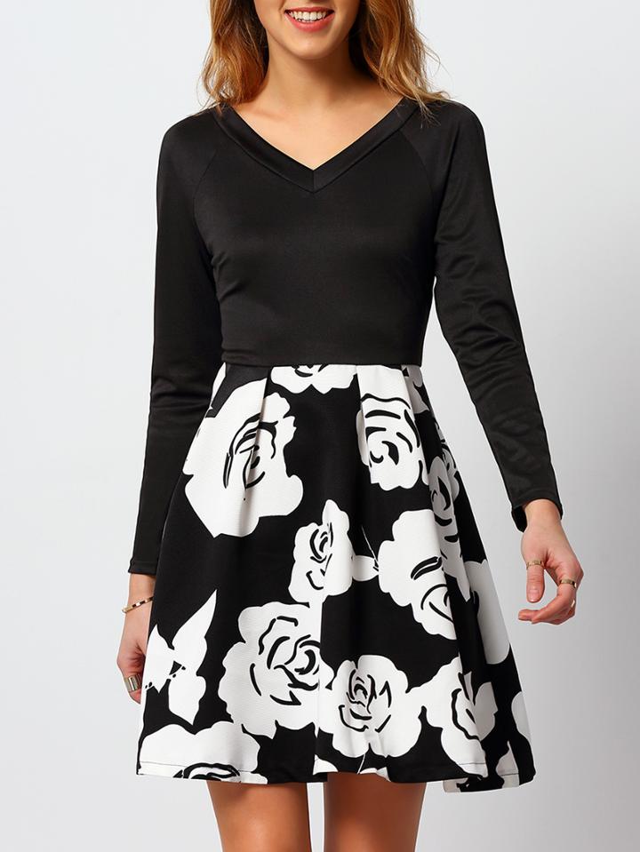 Romwe V Neck Flower Print Flare Dress