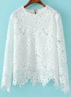 Romwe White Round Neck Hollow Embroidered Blouse